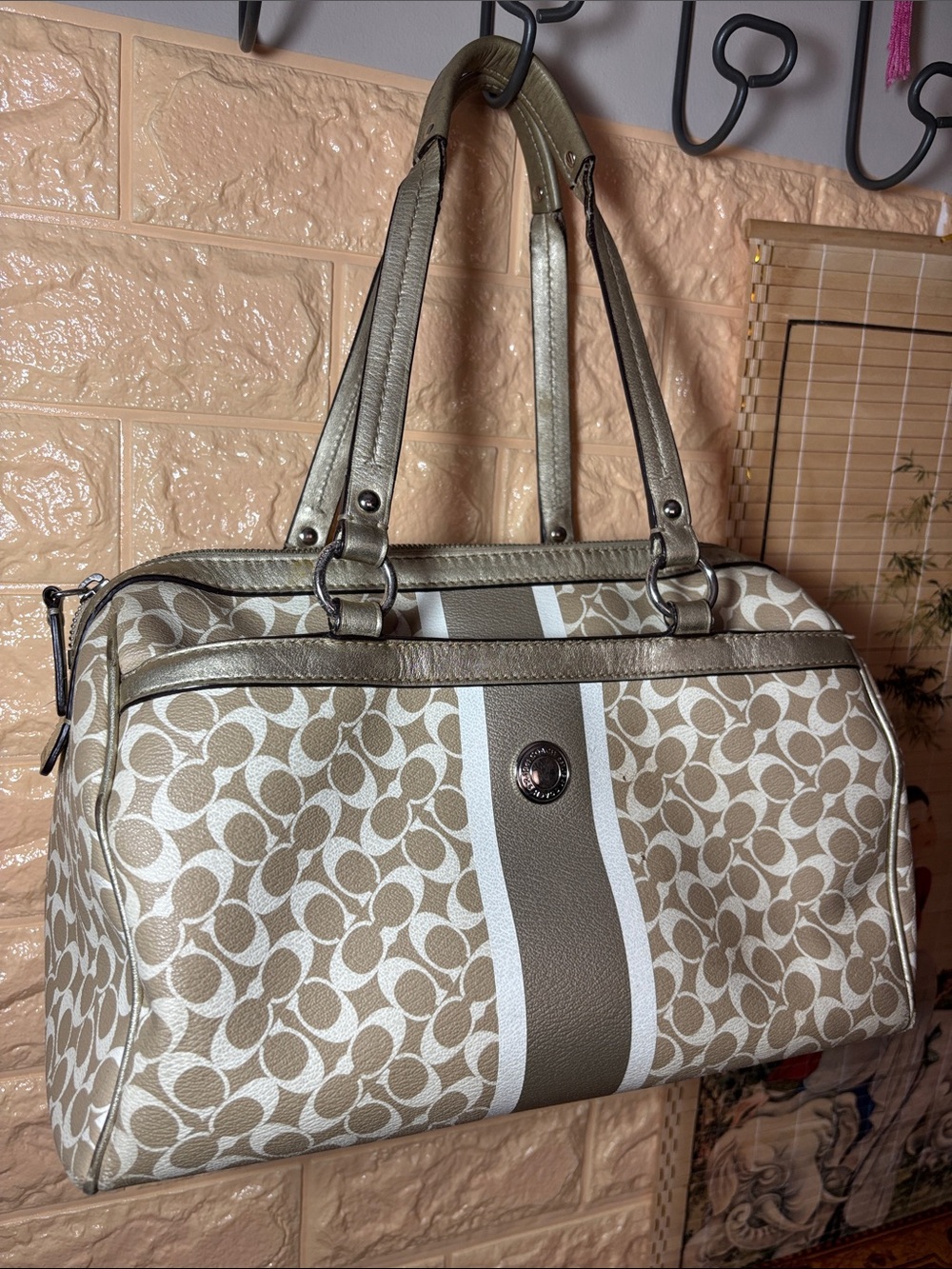 Coach Chelsea Heritage Signature Stripe Satchel Bag in Light Khaki and Silver - Picture 15 of 17